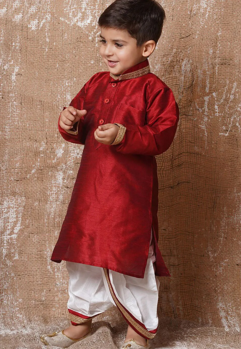 Lace Embellished Dupion Silk Kurta Dhoti Set in Maroon