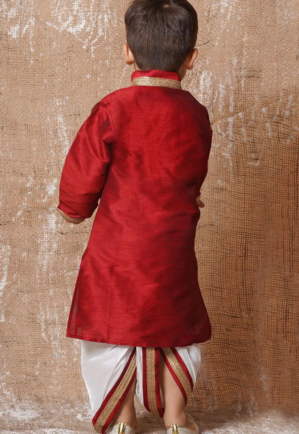 Lace Embellished Dupion Silk Kurta Dhoti Set in Maroon