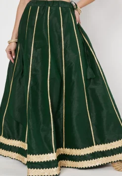 Lace Embellished Dupion Silk Skirt in Dark Green