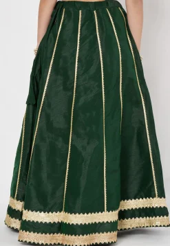 Lace Embellished Dupion Silk Skirt in Dark Green
