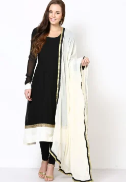 Lace Embellished Georgette Straight Suit in Black