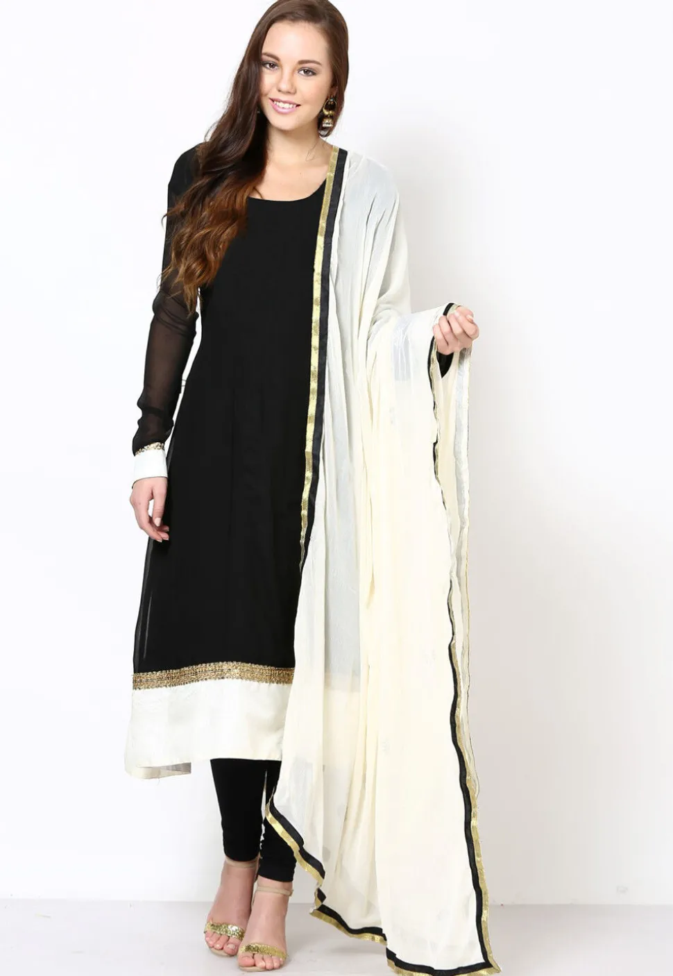 Lace Embellished Georgette Straight Suit in Black