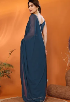 Lace Embellished Georgette Saree in Teal Blue