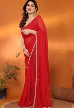 Lace Embellished Georgette Saree in Red