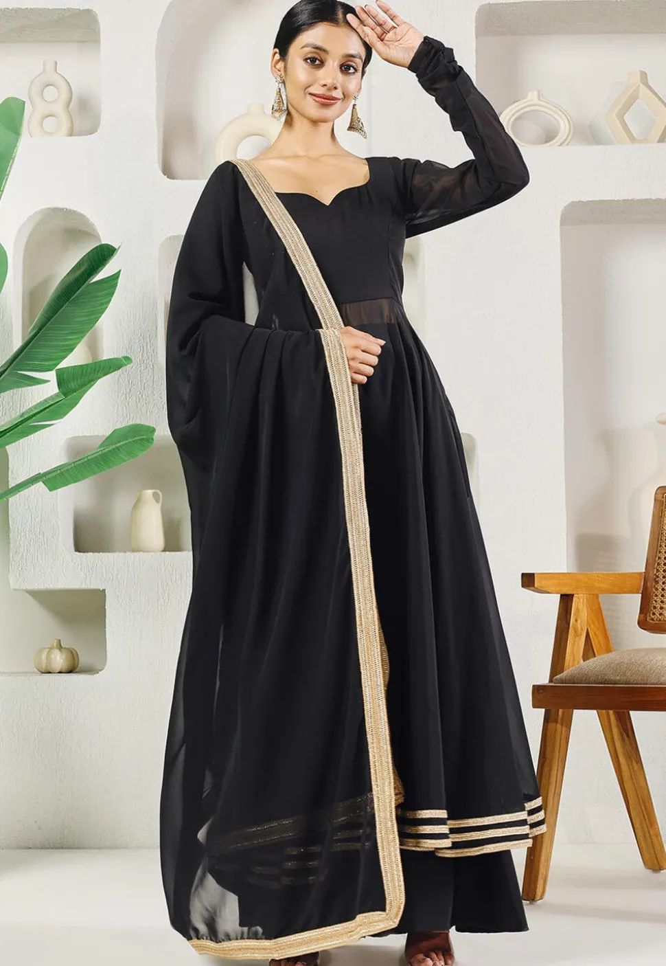 Lace Embellished Georgette A Line Suit in Black
