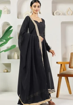 Lace Embellished Georgette A Line Suit in Black