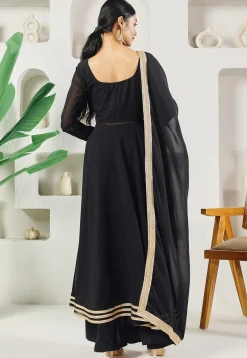 Lace Embellished Georgette A Line Suit in Black