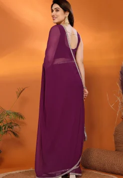 Lace Embellished Georgette Saree in Purple