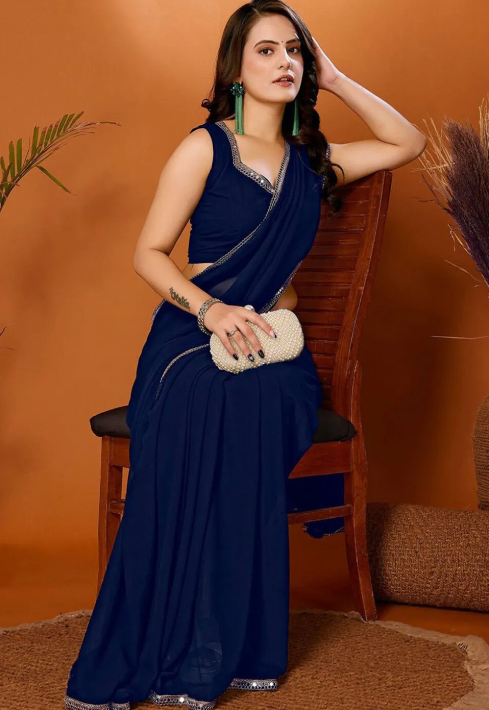 Lace Embellished Georgette Saree in Navy Blue