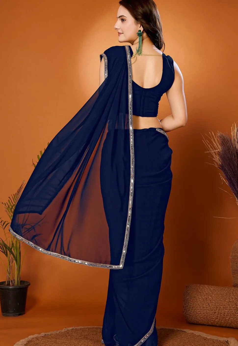 Lace Embellished Georgette Saree in Navy Blue