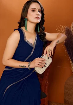 Lace Embellished Georgette Saree in Navy Blue