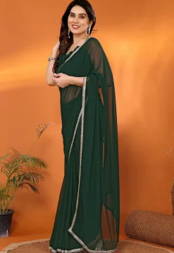 Lace Embellished Georgette Saree in Dark Green