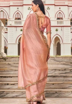 Lace Embellished Organza Saree in Peach