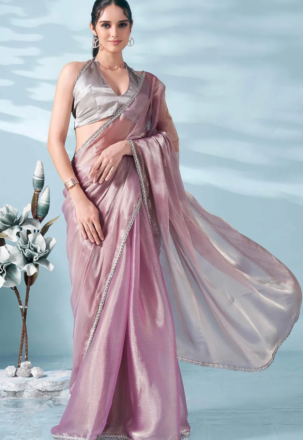 Lace Embellished Organza Saree in Light Purple
