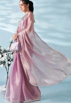 Lace Embellished Organza Saree in Light Purple