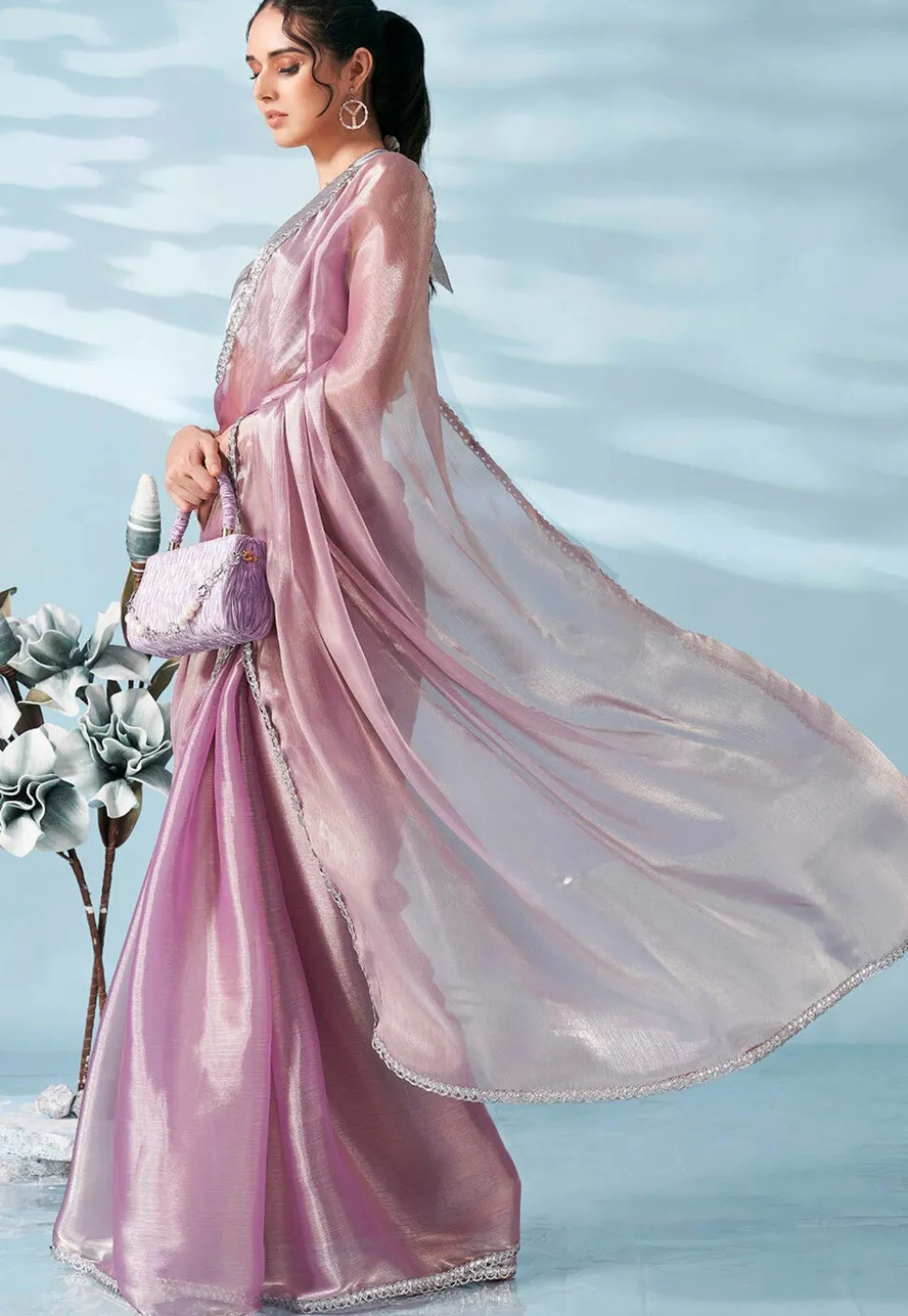 Lace Embellished Organza Saree in Light Purple