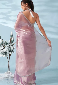 Lace Embellished Organza Saree in Light Purple