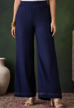 Lace Embellished Rayon Palazzo in Navy Blue