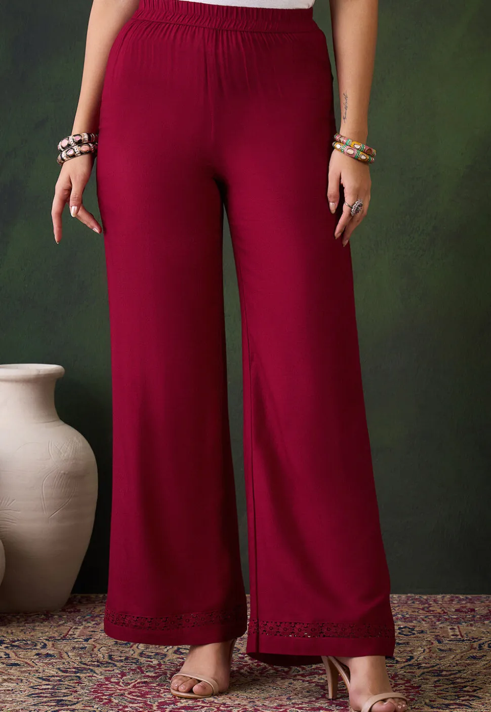 Lace Embellished Rayon Palazzo in Maroon