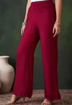 Lace Embellished Rayon Palazzo in Maroon