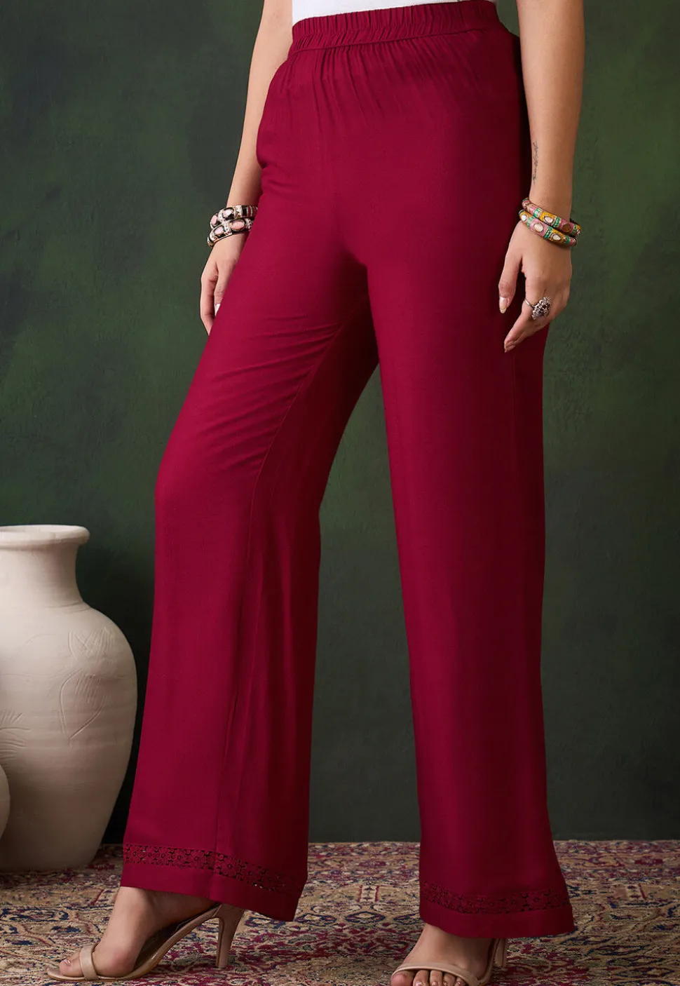 Lace Embellished Rayon Palazzo in Maroon