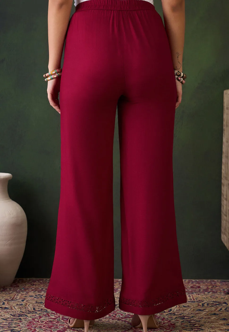 Lace Embellished Rayon Palazzo in Maroon