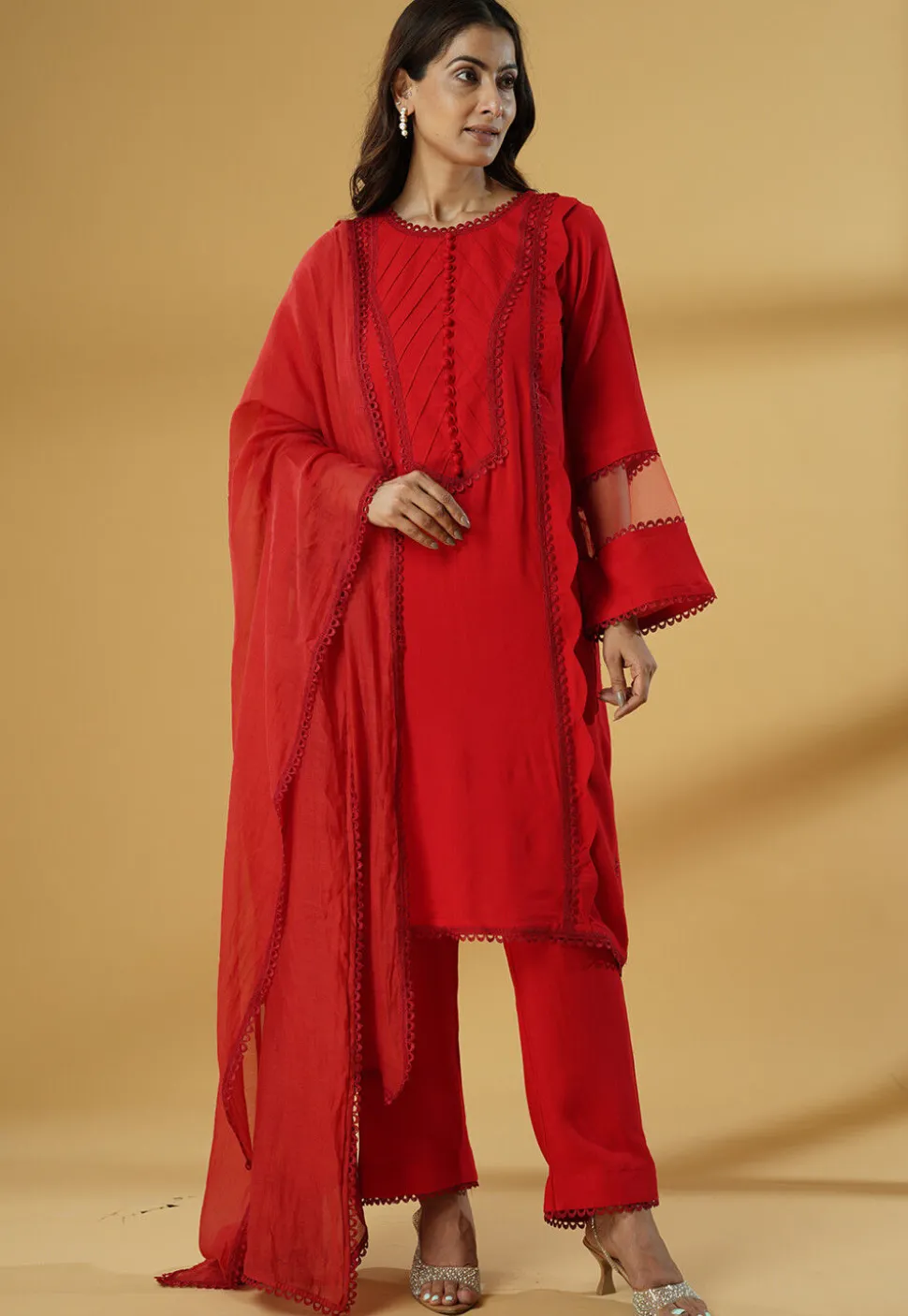 Lace Embellished Rayon Pakistani Suit in Red