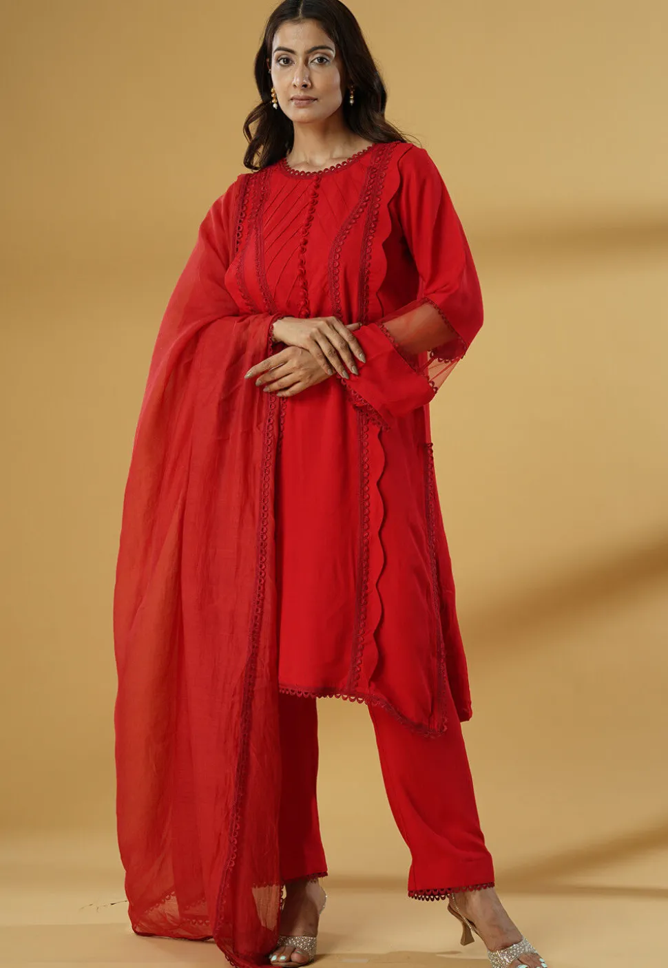 Lace Embellished Rayon Pakistani Suit in Red