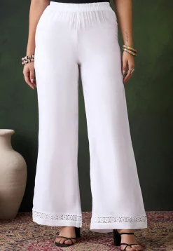 Lace Embellished Rayon Palazzo in White