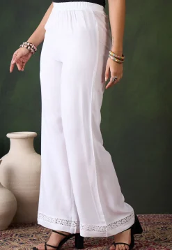 Lace Embellished Rayon Palazzo in White