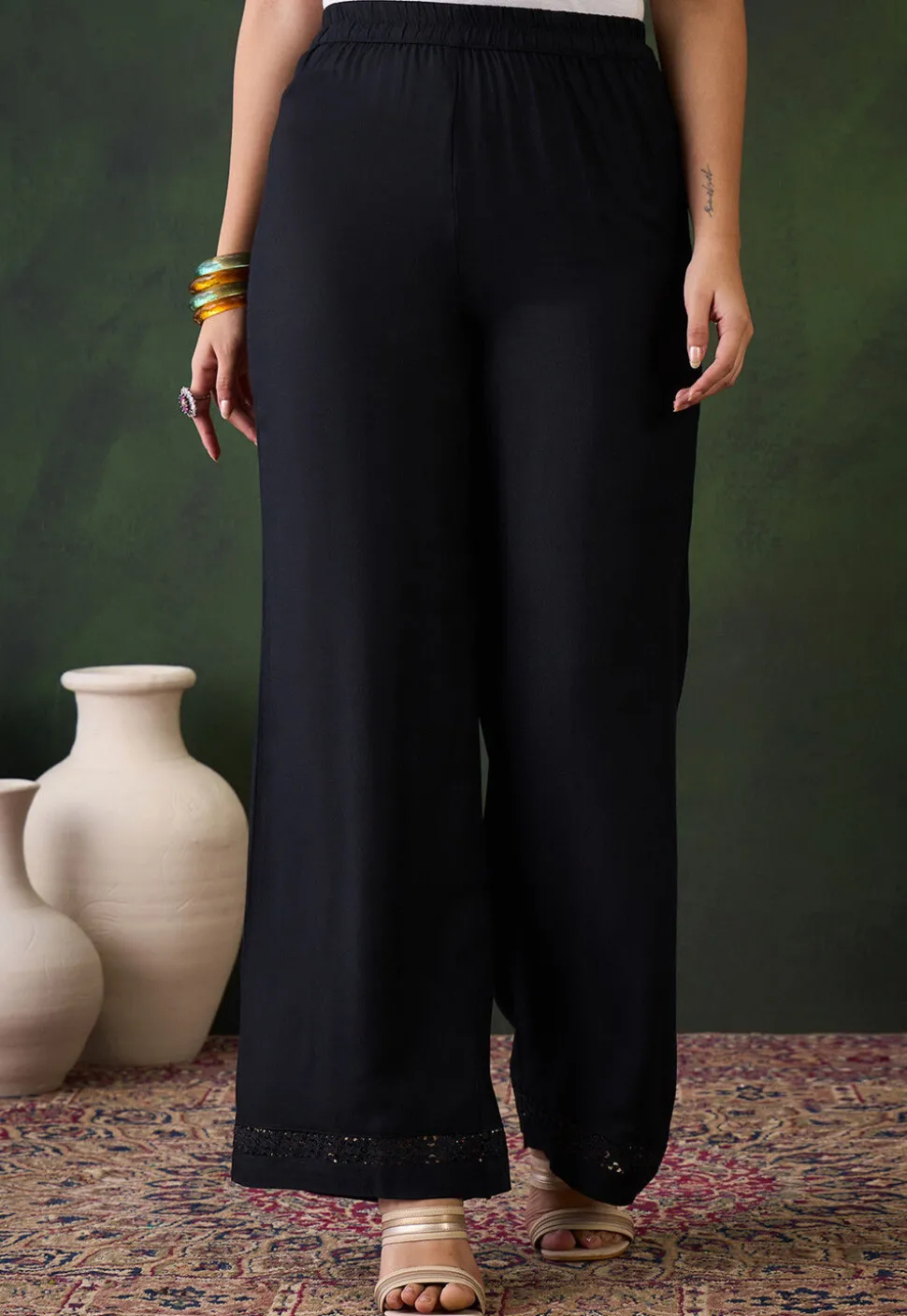 Lace Embellished Rayon Palazzo in Black