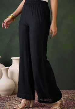 Lace Embellished Rayon Palazzo in Black