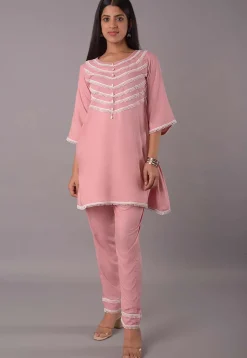 Lace Embellished Rayon Pakistani Suit in Peach