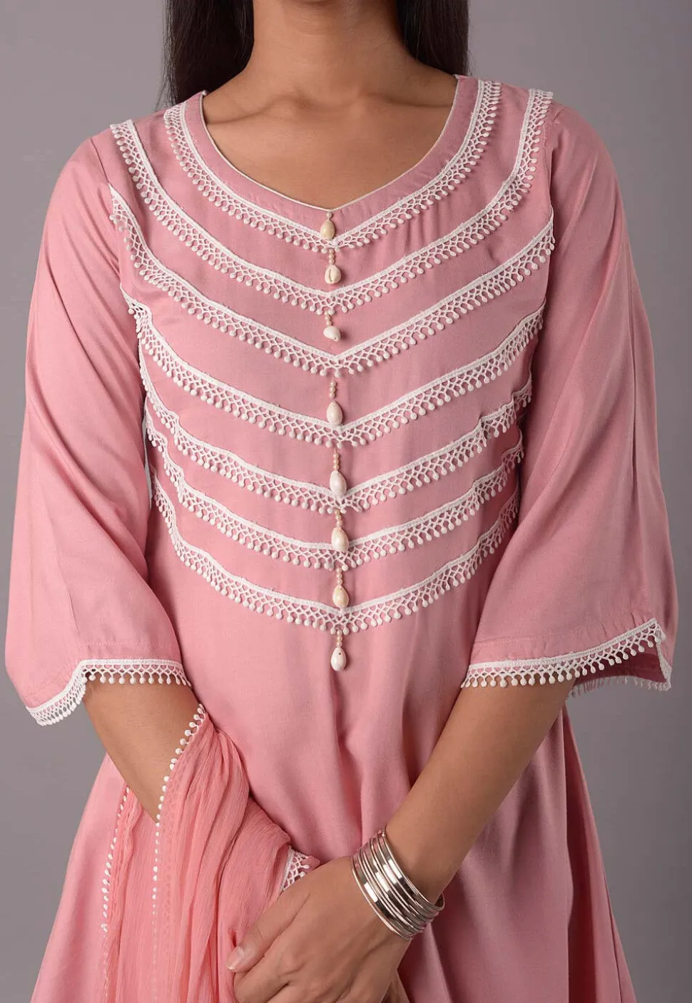 Lace Embellished Rayon Pakistani Suit in Peach