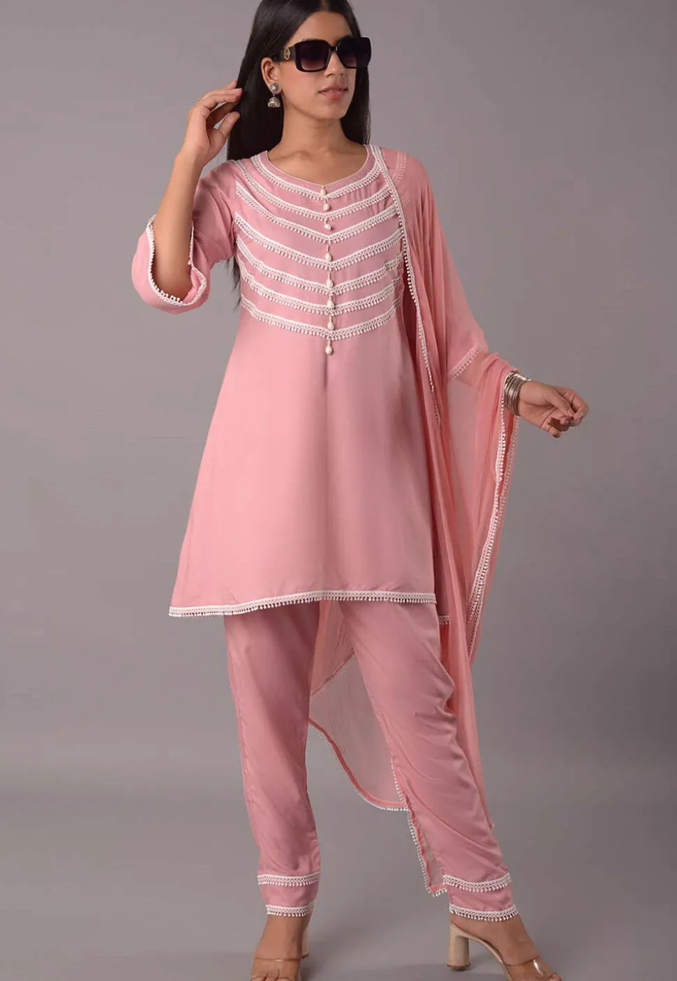 Lace Embellished Rayon Pakistani Suit in Peach