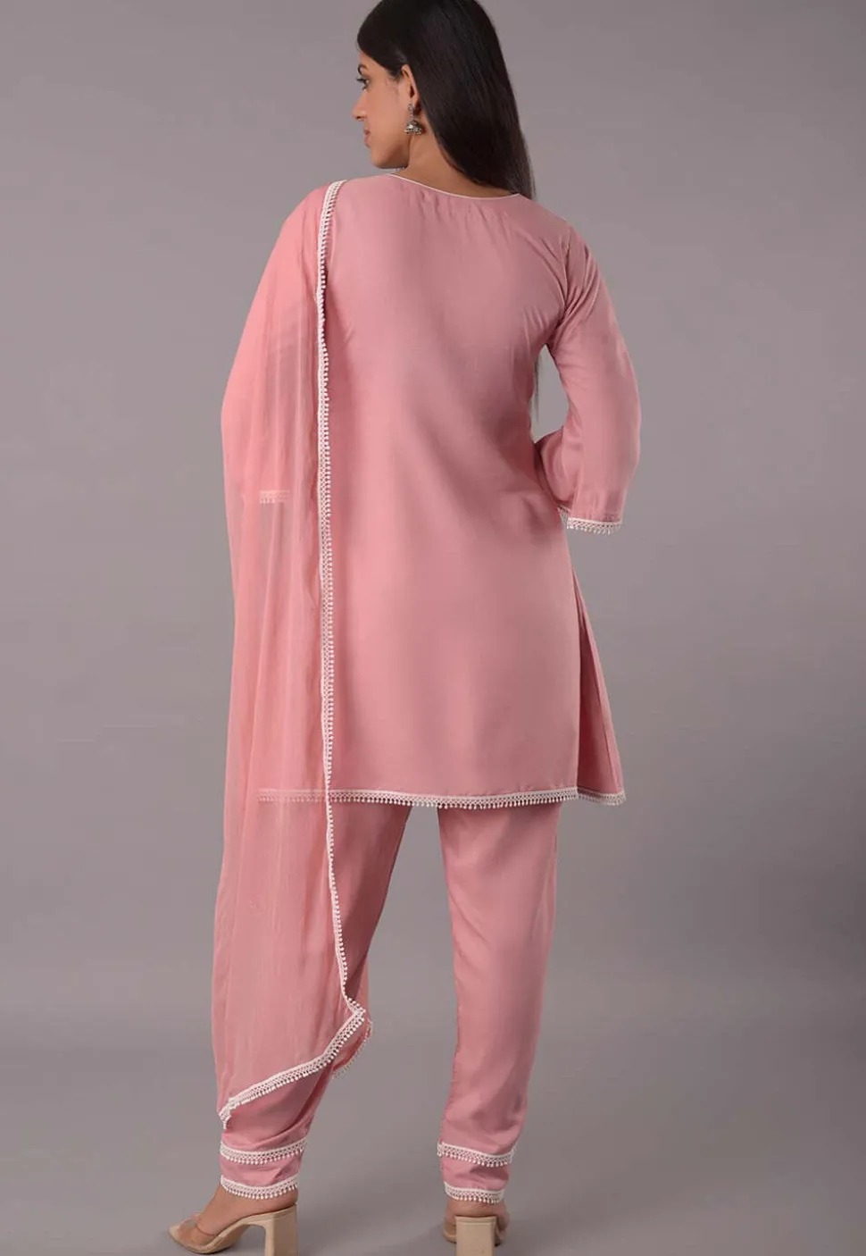 Lace Embellished Rayon Pakistani Suit in Peach
