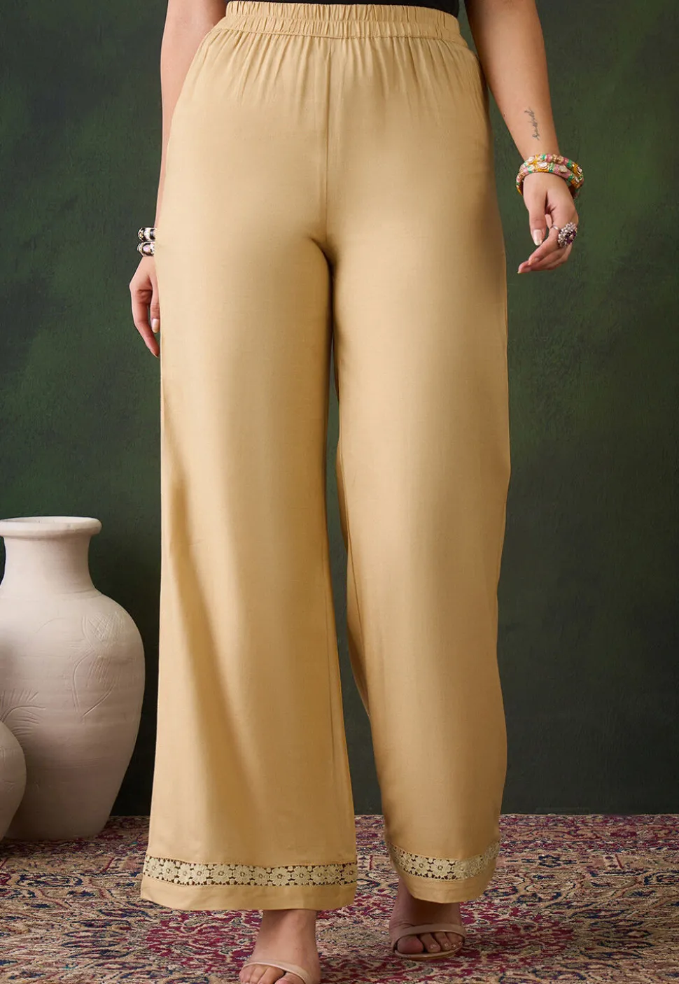 Lace Embellished Rayon Palazzo in Beige