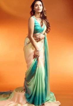 Lace Embellished Satin Saree in Multicolor