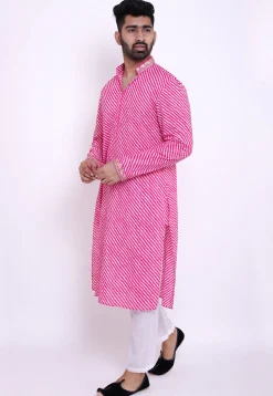 Leheriya Cotton Kurta Set in Pink