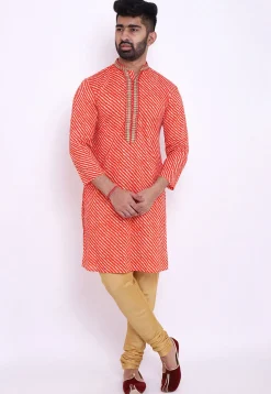 Leheriya Cotton Short Kurta in Red and Off White