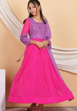 Leheriya Georgette Abaya Style Suit in Fuchsia and Purple