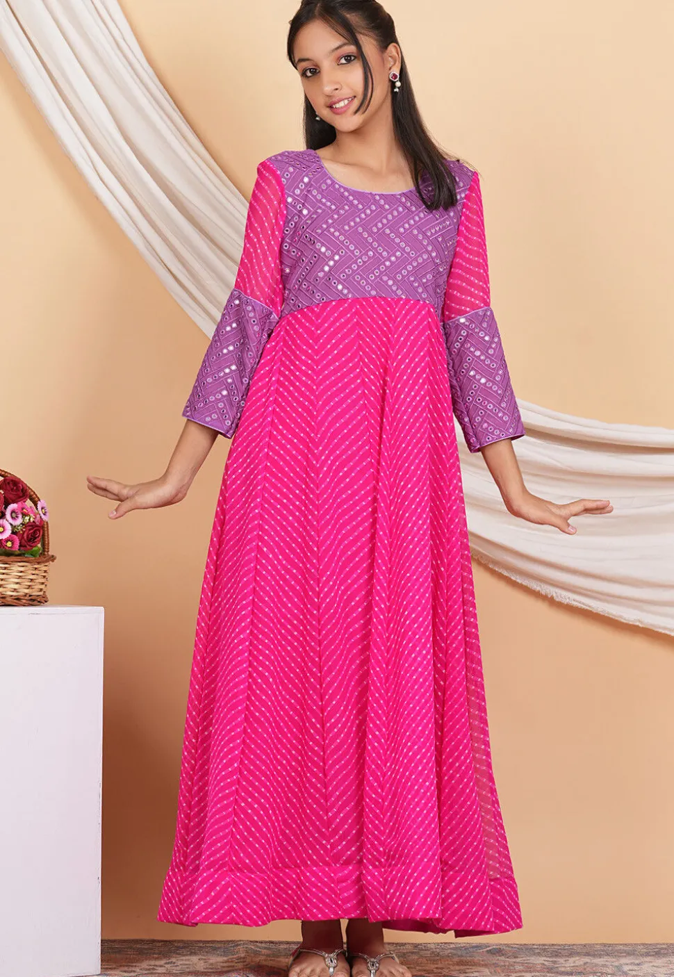 Leheriya Georgette Abaya Style Suit in Fuchsia and Purple