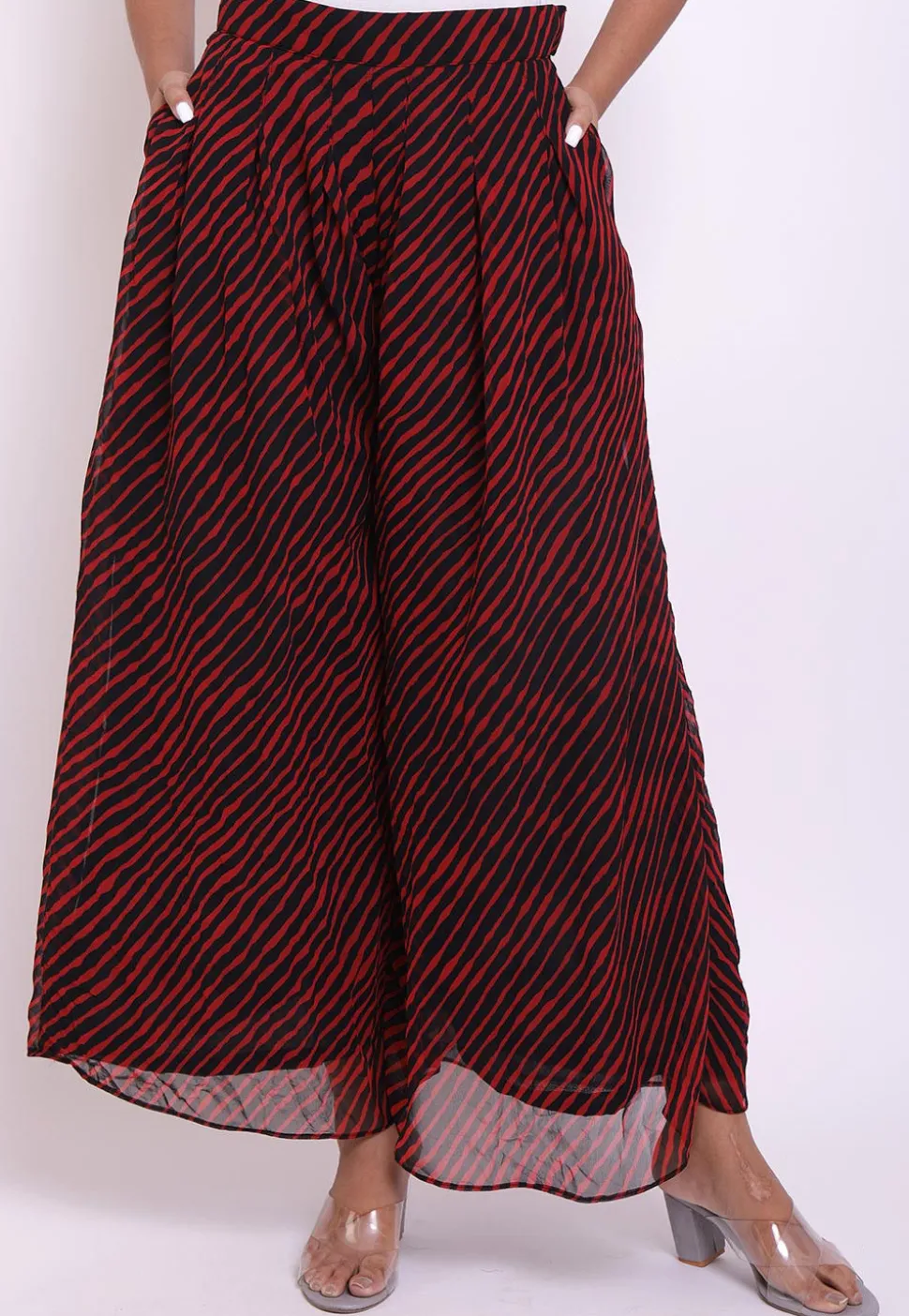 Leheriya Georgette Box Pleated Palazzo in Red and Black