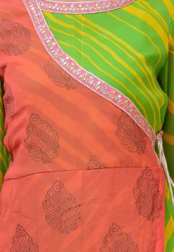 Leheriya Georgette Layered Abaya Style Suit in Green and Peach