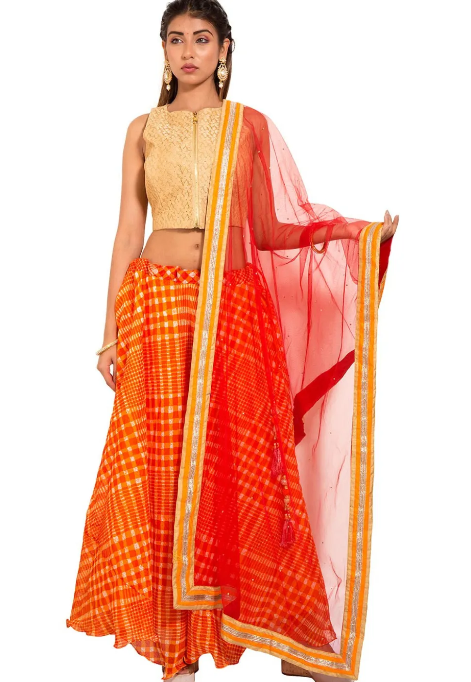 Leheriya Kota Silk Lehenga in Orange
