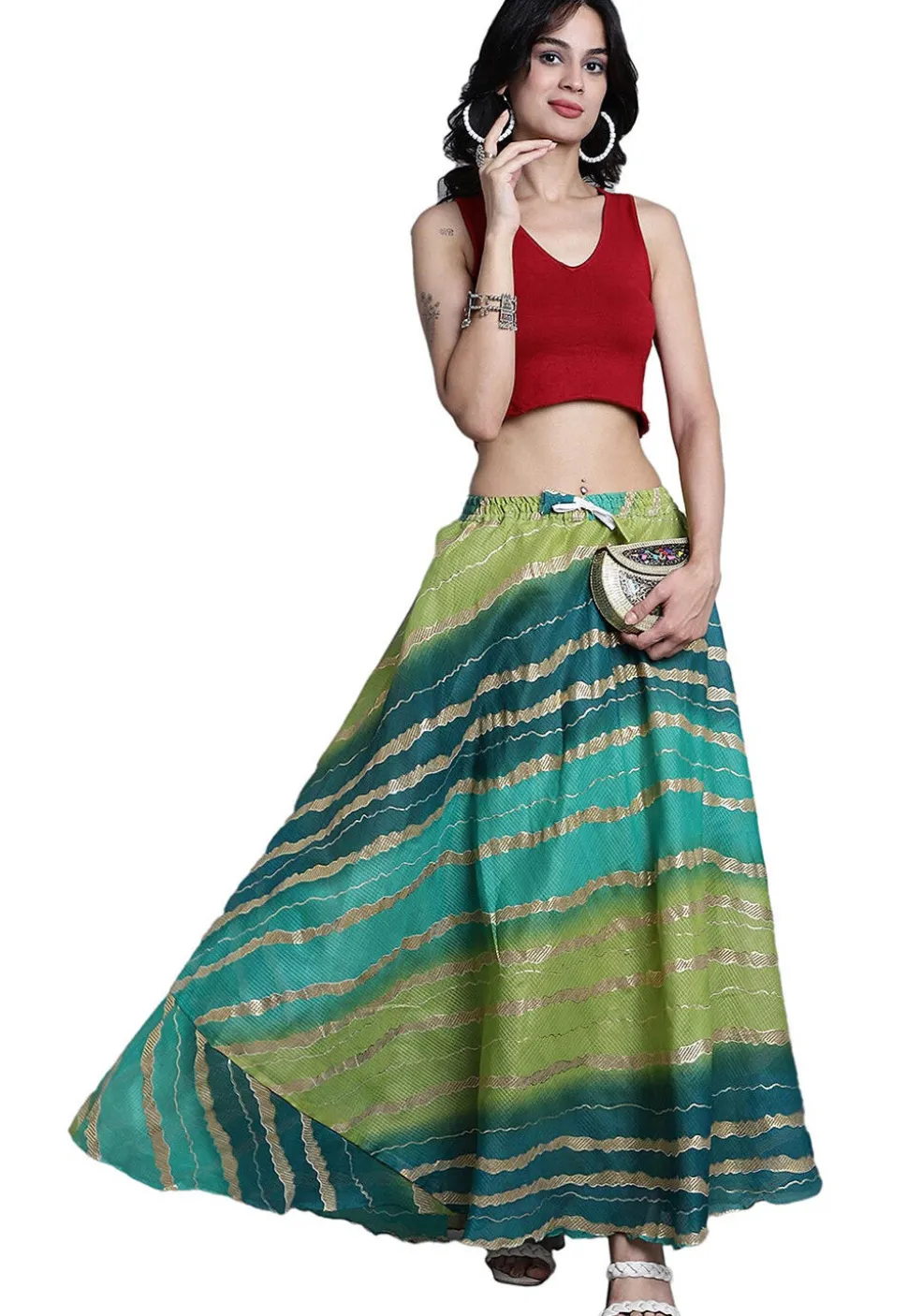 Leheriya Print Kota Doria Skirt in Blue and Green