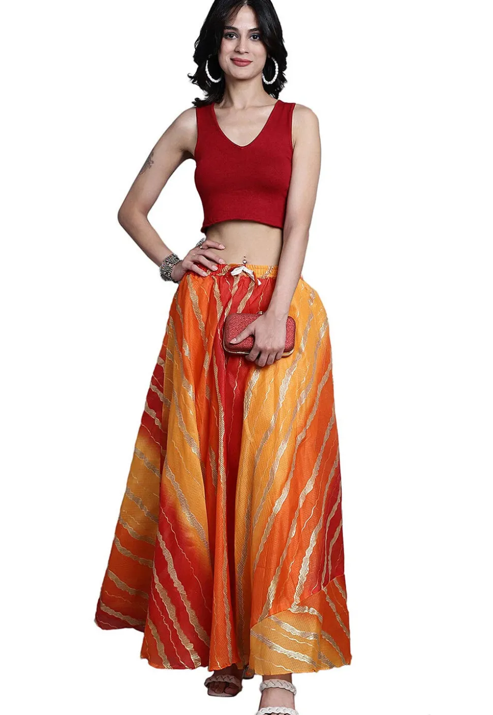 Leheriya Print Kota Doria Skirt in Orange