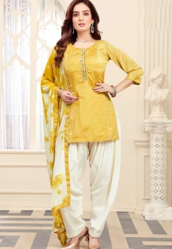 Leheriya Printed Art Silk Punjabi Suit in Yellow