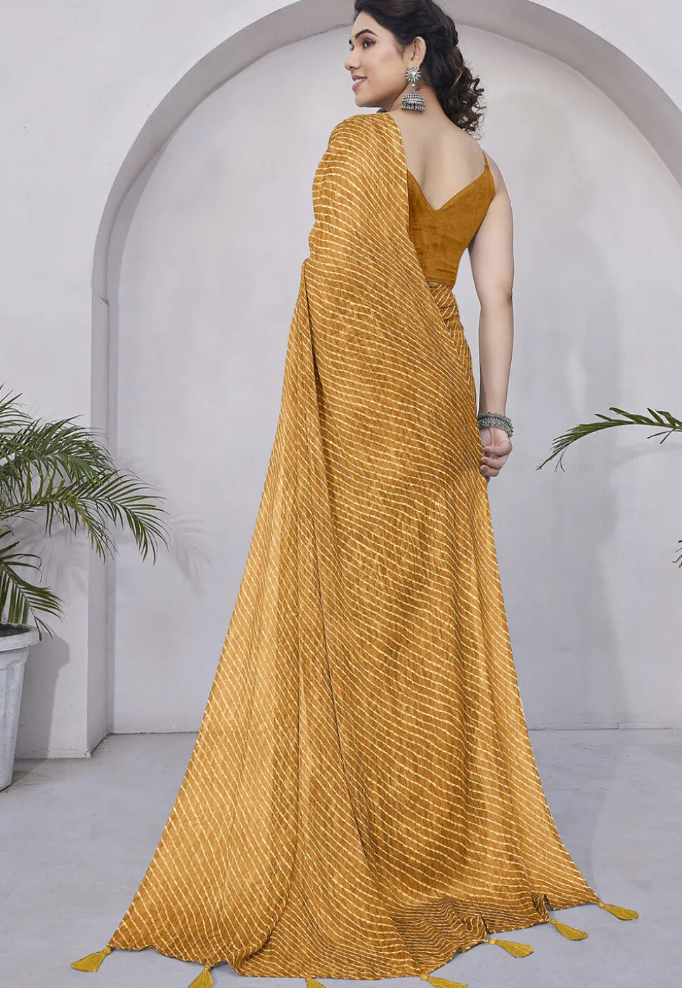 Leheriya Printed Chiffon Saree in Mustard