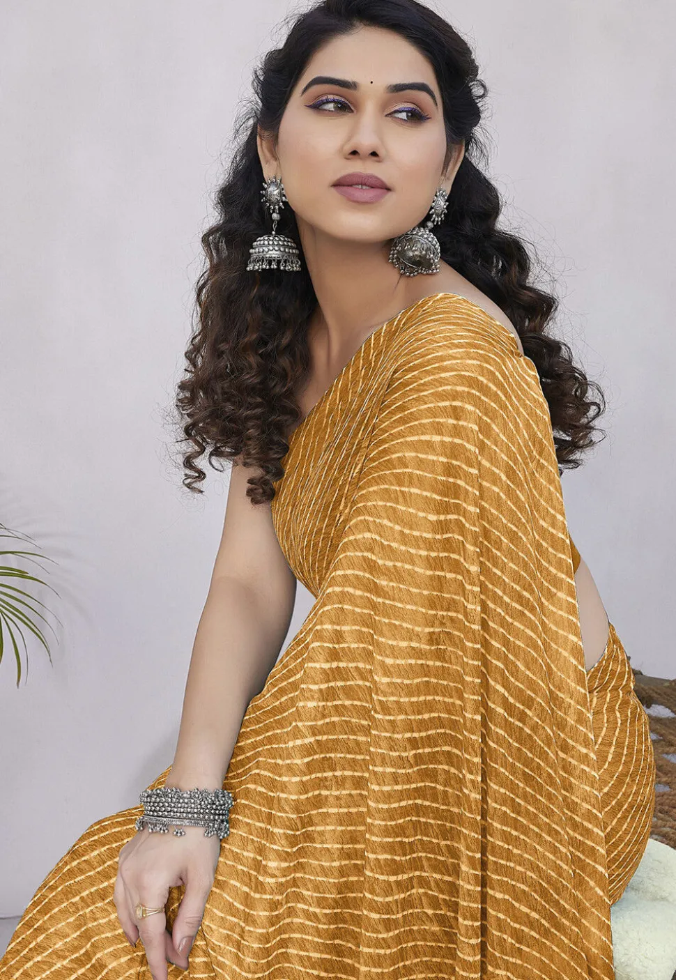 Leheriya Printed Chiffon Saree in Mustard
